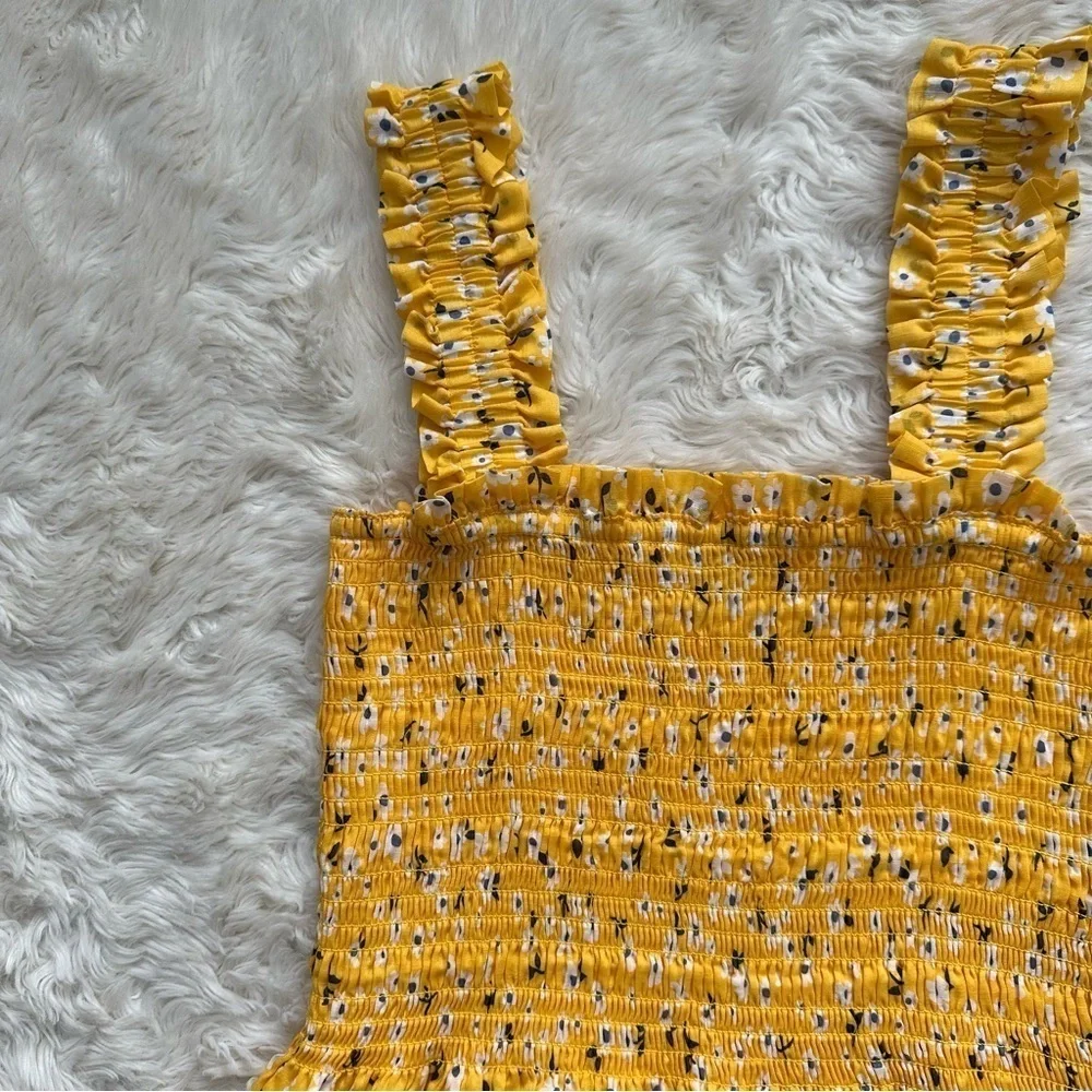 Kate Spade Tank Fleurette Toss Smocked Top 100% Cotton Floral Yellow XS